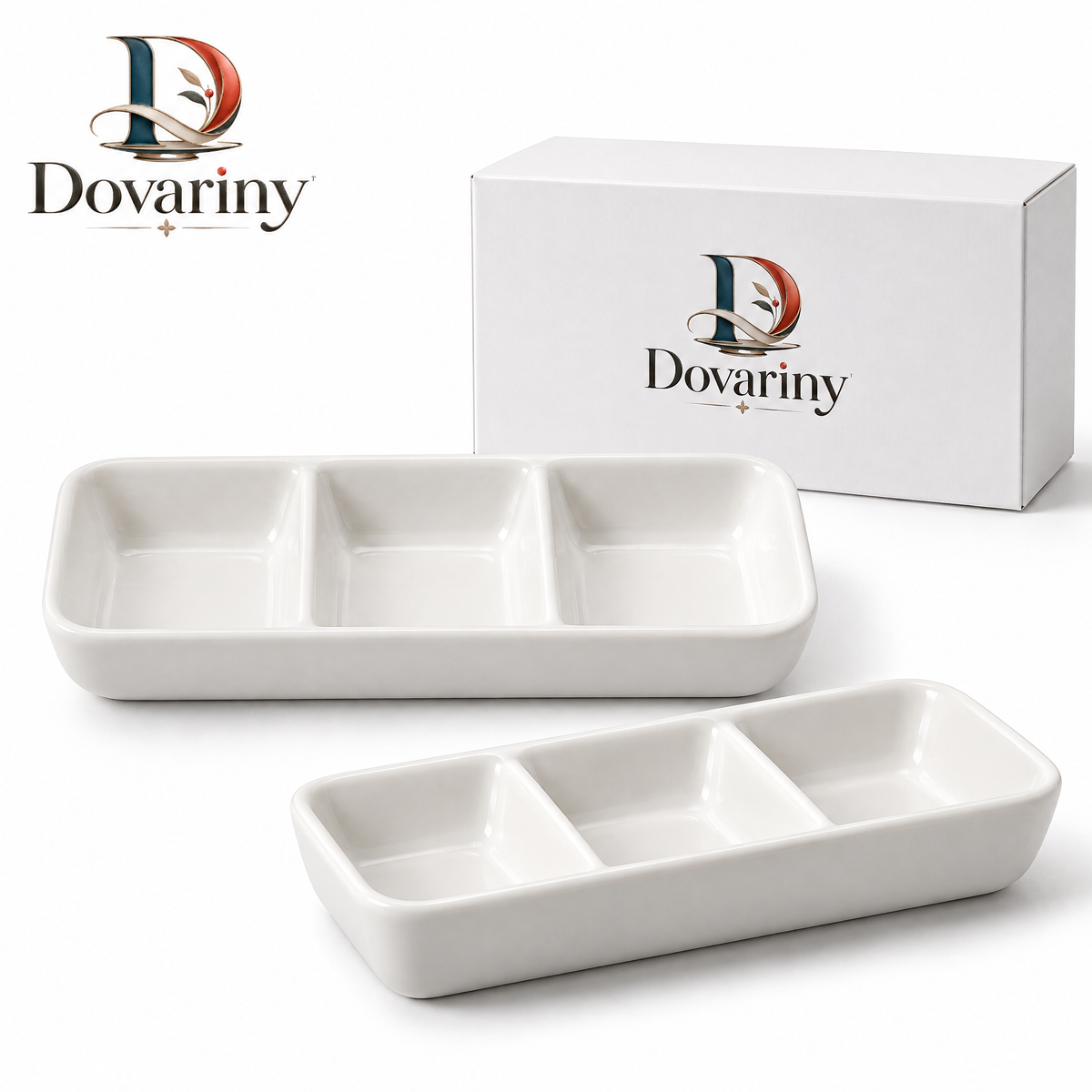 Dovariny™ FlavorNest Divided Seasoning Dish – Multi-Compartment Ceramic Condiment Tray for Dips, Sauces, Spices & Table Serving