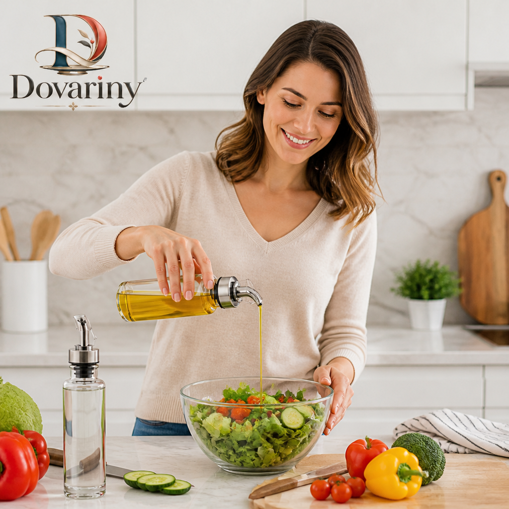 Dovariny™ PourBalance Oil & Vinegar Dispenser – Glass Cruet Bottle with Controlled Pour Spout for Kitchen, Dining & Salad Serving