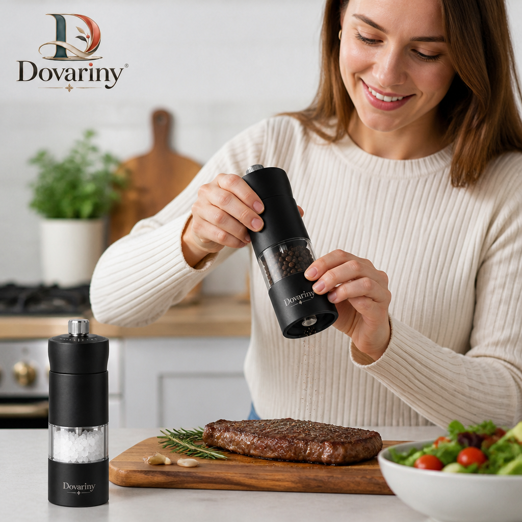 Dovariny™ GrindServe Salt & Pepper Mill Set – Adjustable Seasoning Grinders for Kitchen, Dining Table & Everyday Cooking