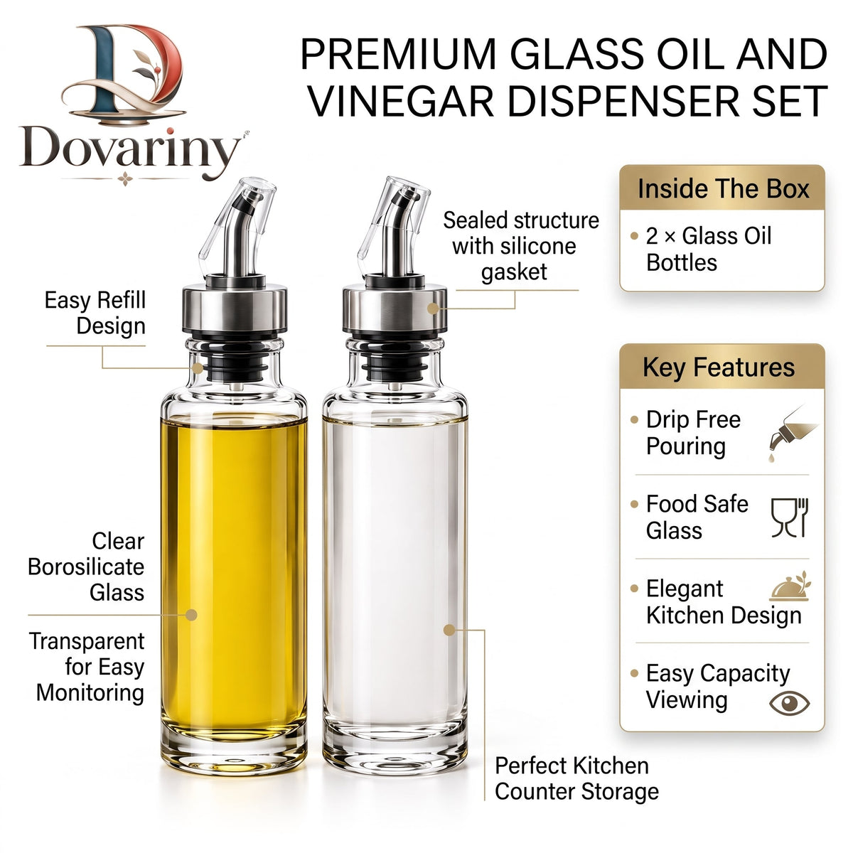 Dovariny™ PourBalance Oil & Vinegar Dispenser – Glass Cruet Bottle with Controlled Pour Spout for Kitchen, Dining & Salad Serving