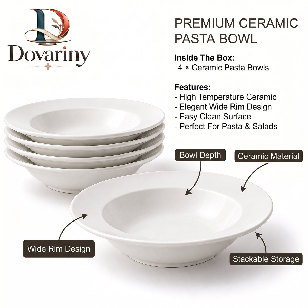 Dovariny™ PastaNest Ceramic Pasta Bowl – Wide-Rim Serving Bowl for Pasta, Risotto, Salad & Everyday Dining