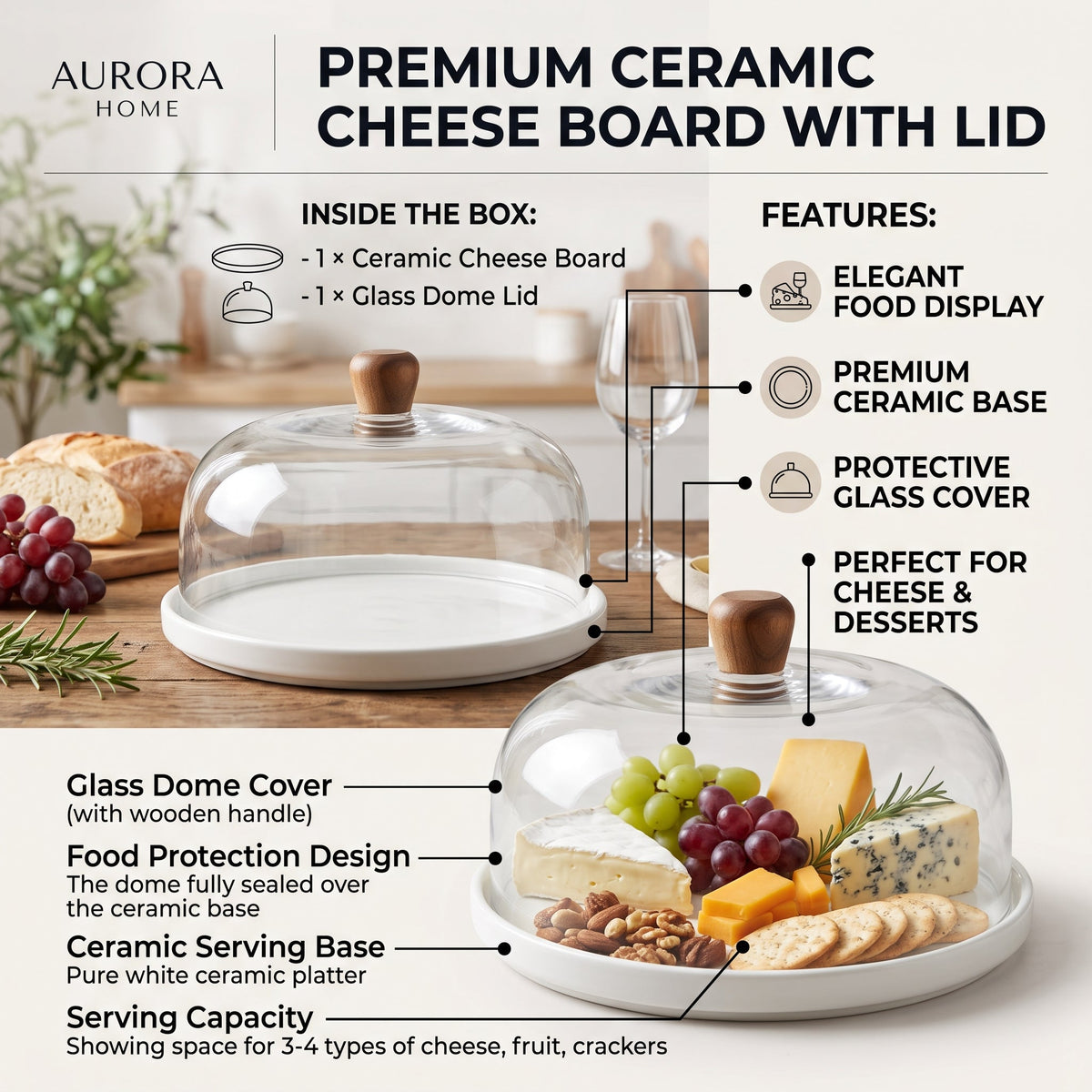 Dovariny™ CheeseDome Covered Serving Platter – Cheese Board with Protective Lid for Appetizers, Charcuterie & Entertaining