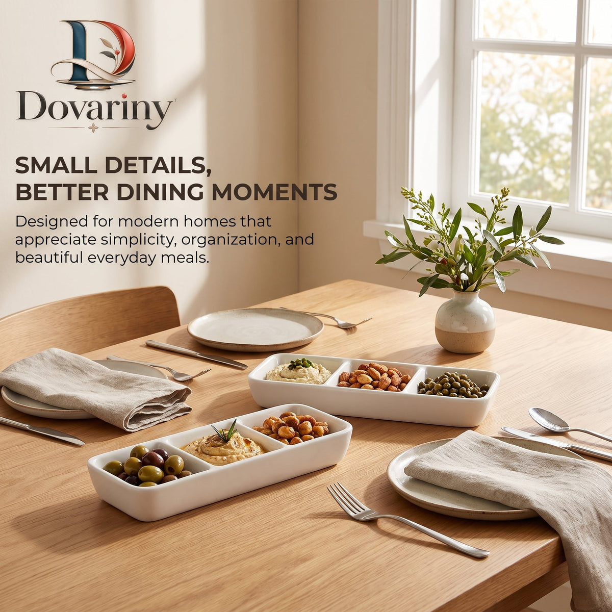 Dovariny™ FlavorNest Divided Seasoning Dish – Multi-Compartment Ceramic Condiment Tray for Dips, Sauces, Spices & Table Serving