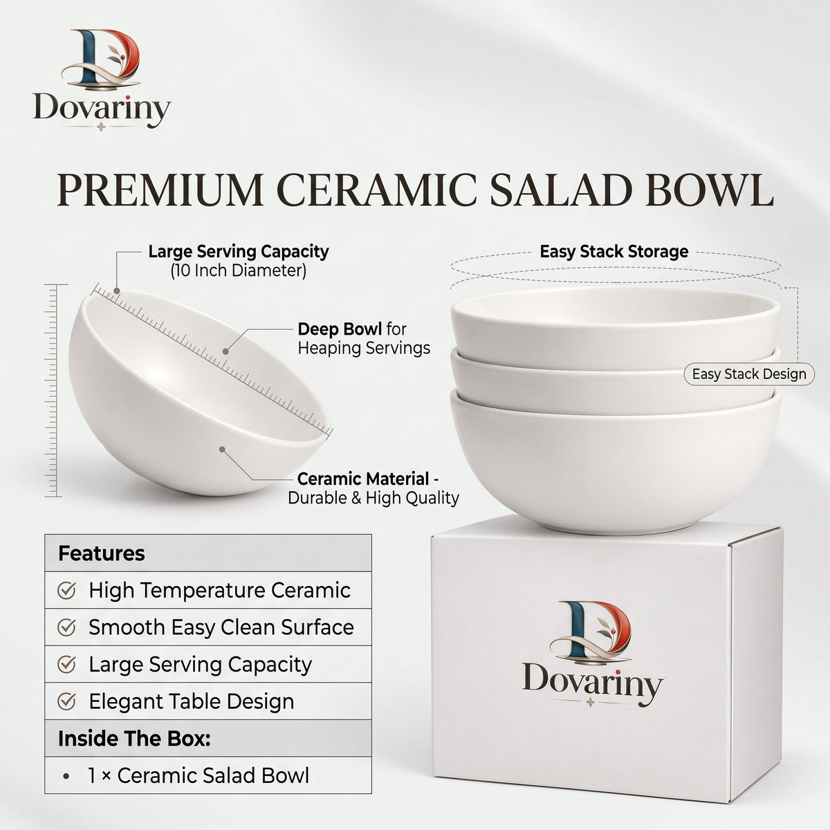 Dovariny™ GardenServe Ceramic Salad Bowl – Wide Everyday Serving Bowl for Salads, Fruit, Grain Bowls & Family Dining
