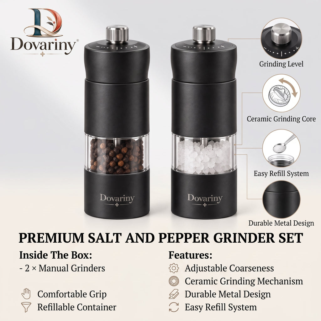 Dovariny™ GrindServe Salt & Pepper Mill Set – Adjustable Seasoning Grinders for Kitchen, Dining Table & Everyday Cooking