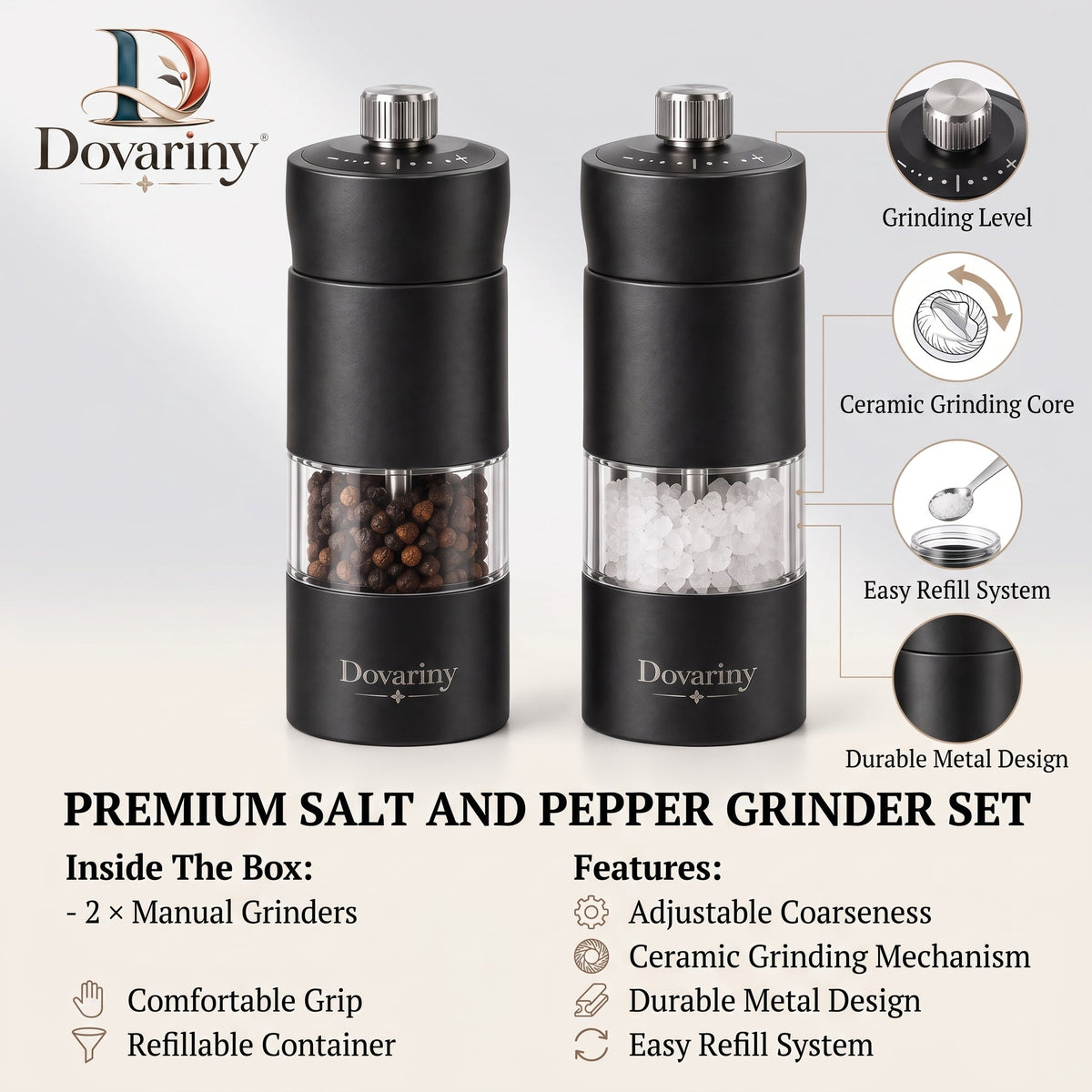 Dovariny™ GrindServe Salt & Pepper Mill Set – Adjustable Seasoning Grinders for Kitchen, Dining Table & Everyday Cooking