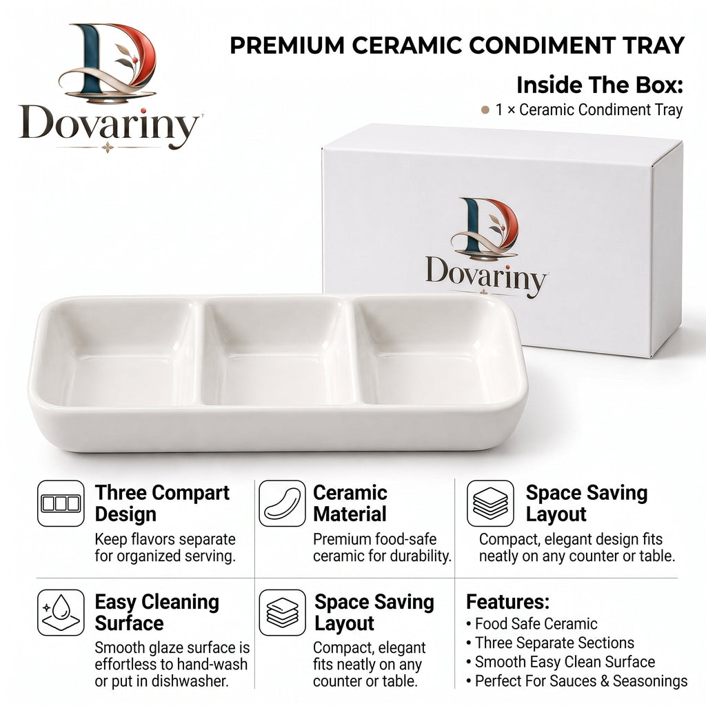 Dovariny™ FlavorNest Divided Seasoning Dish – Multi-Compartment Ceramic Condiment Tray for Dips, Sauces, Spices & Table Serving