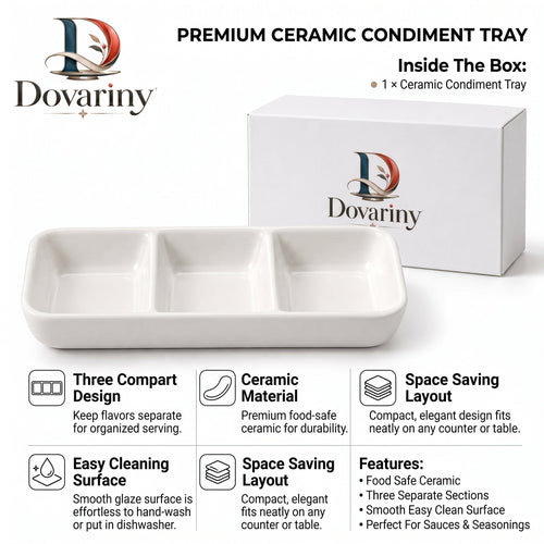 Dovariny™ FlavorNest Divided Seasoning Dish – Multi-Compartment Ceramic Condiment Tray for Dips, Sauces, Spices & Table Serving