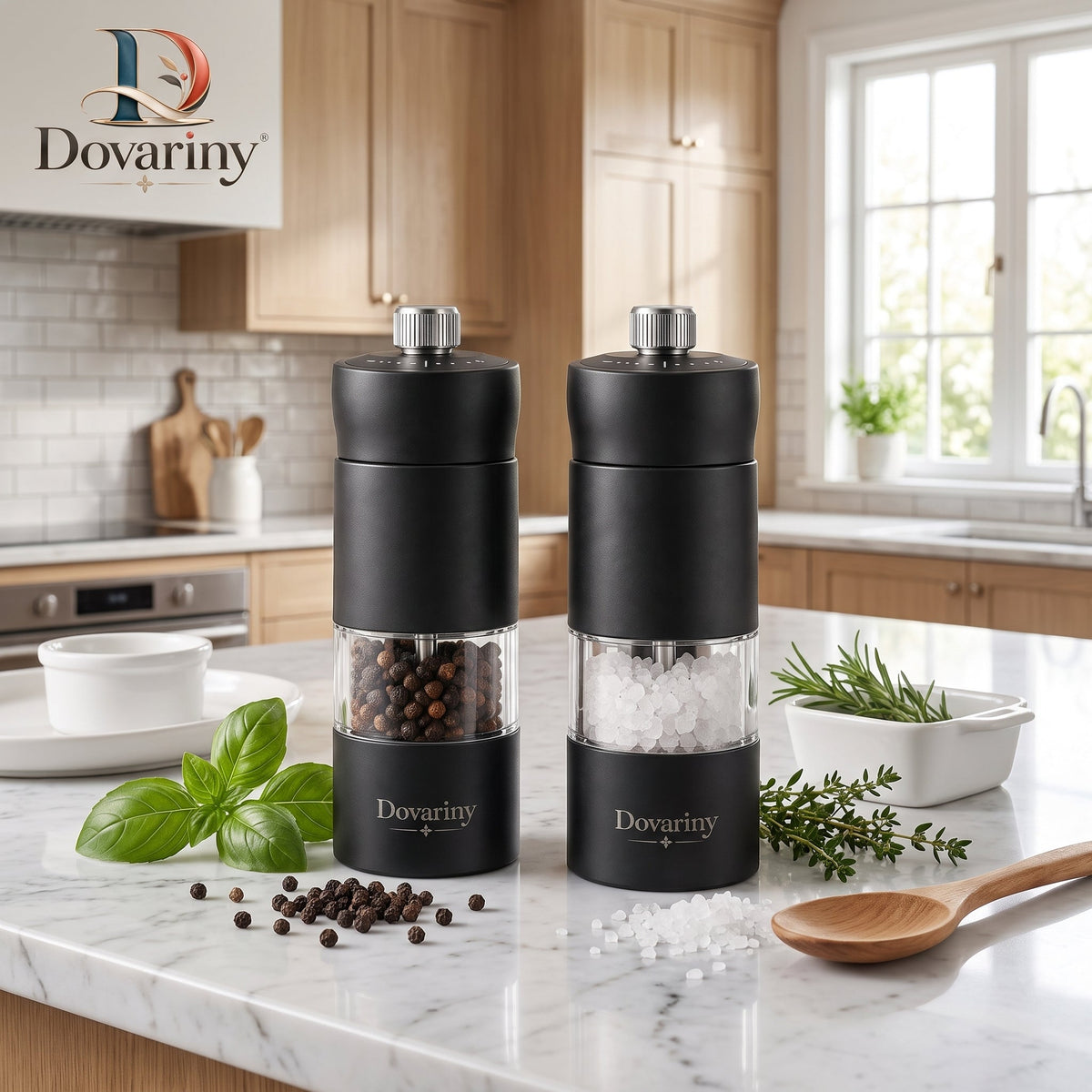 Dovariny™ GrindServe Salt & Pepper Mill Set – Adjustable Seasoning Grinders for Kitchen, Dining Table & Everyday Cooking