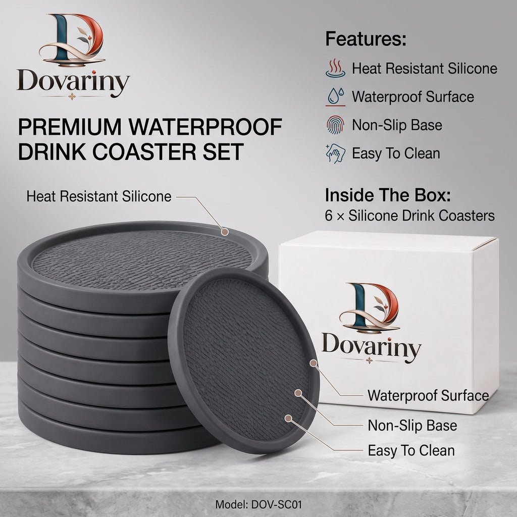 Dovariny™ QuietStone Coaster Set – Decorative Drink Coasters with Holder for Coffee Table, Dining Room & Everyday Entertaining