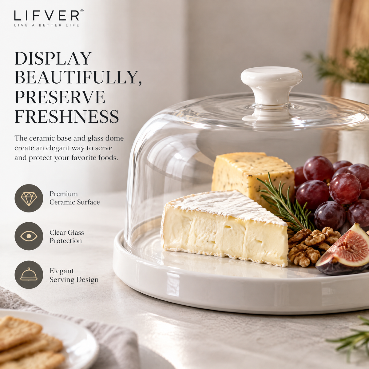 Dovariny™ CheeseDome Covered Serving Platter – Cheese Board with Protective Lid for Appetizers, Charcuterie & Entertaining