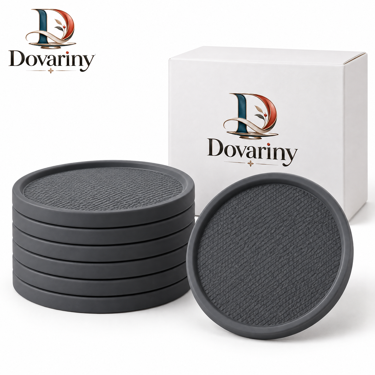 Dovariny™ QuietStone Coaster Set – Decorative Drink Coasters with Holder for Coffee Table, Dining Room & Everyday Entertaining