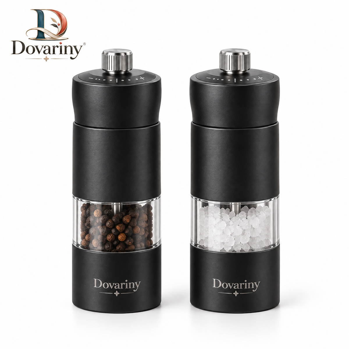 Dovariny™ GrindServe Salt & Pepper Mill Set – Adjustable Seasoning Grinders for Kitchen, Dining Table & Everyday Cooking