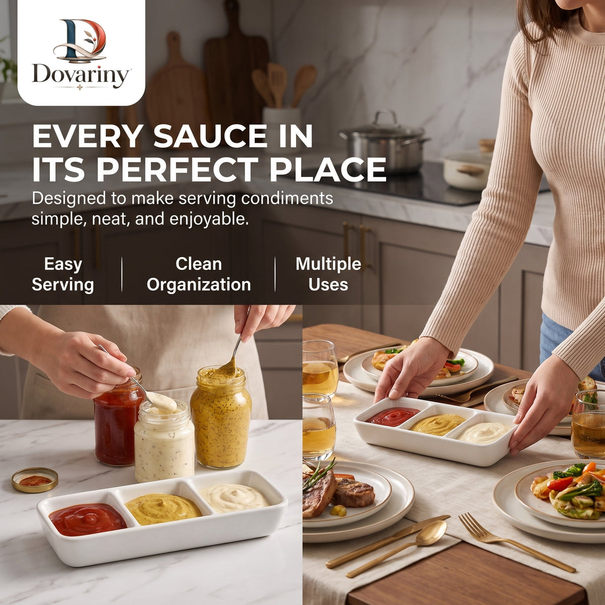 Dovariny™ FlavorNest Divided Seasoning Dish – Multi-Compartment Ceramic Condiment Tray for Dips, Sauces, Spices & Table Serving