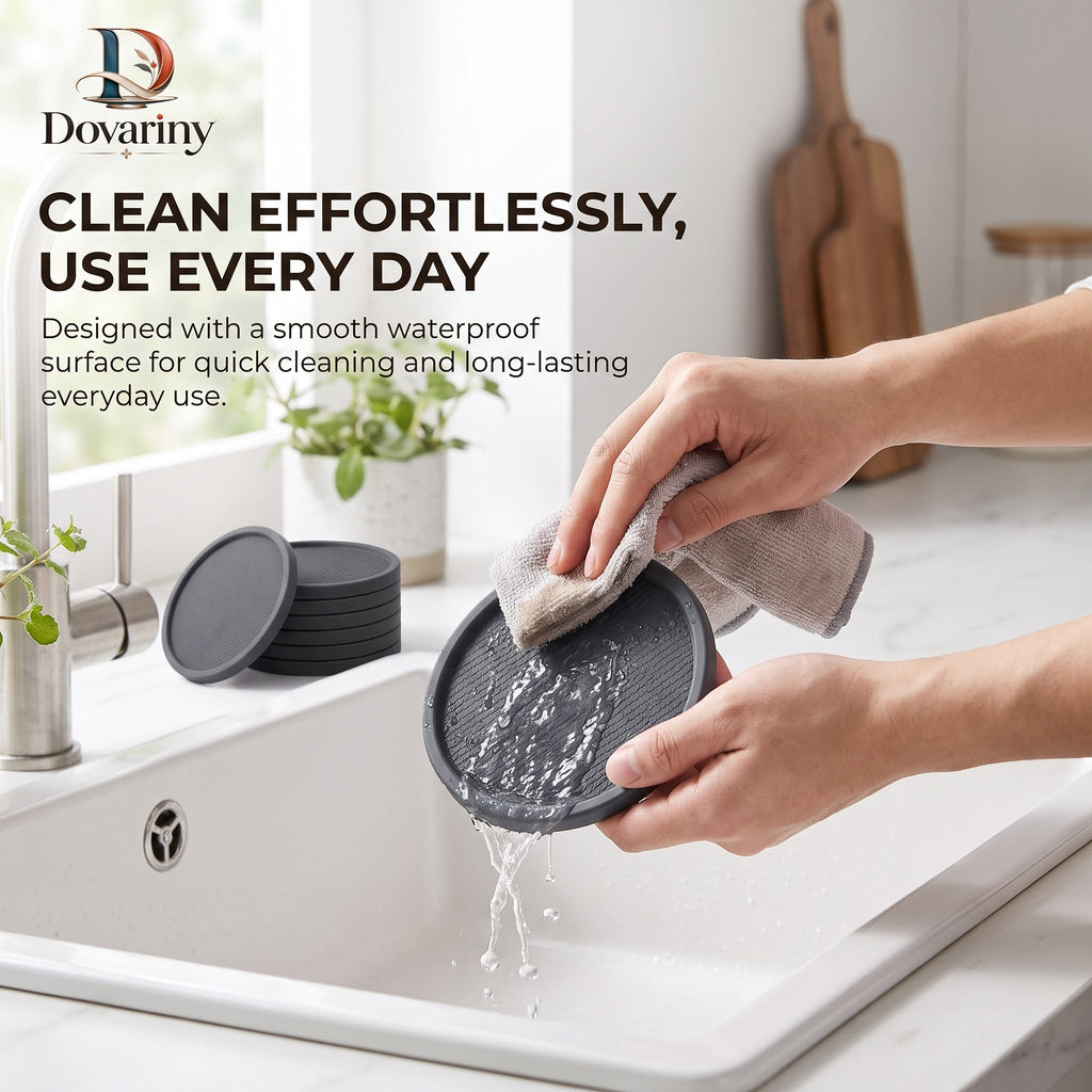 Dovariny™ QuietStone Coaster Set – Decorative Drink Coasters with Holder for Coffee Table, Dining Room & Everyday Entertaining
