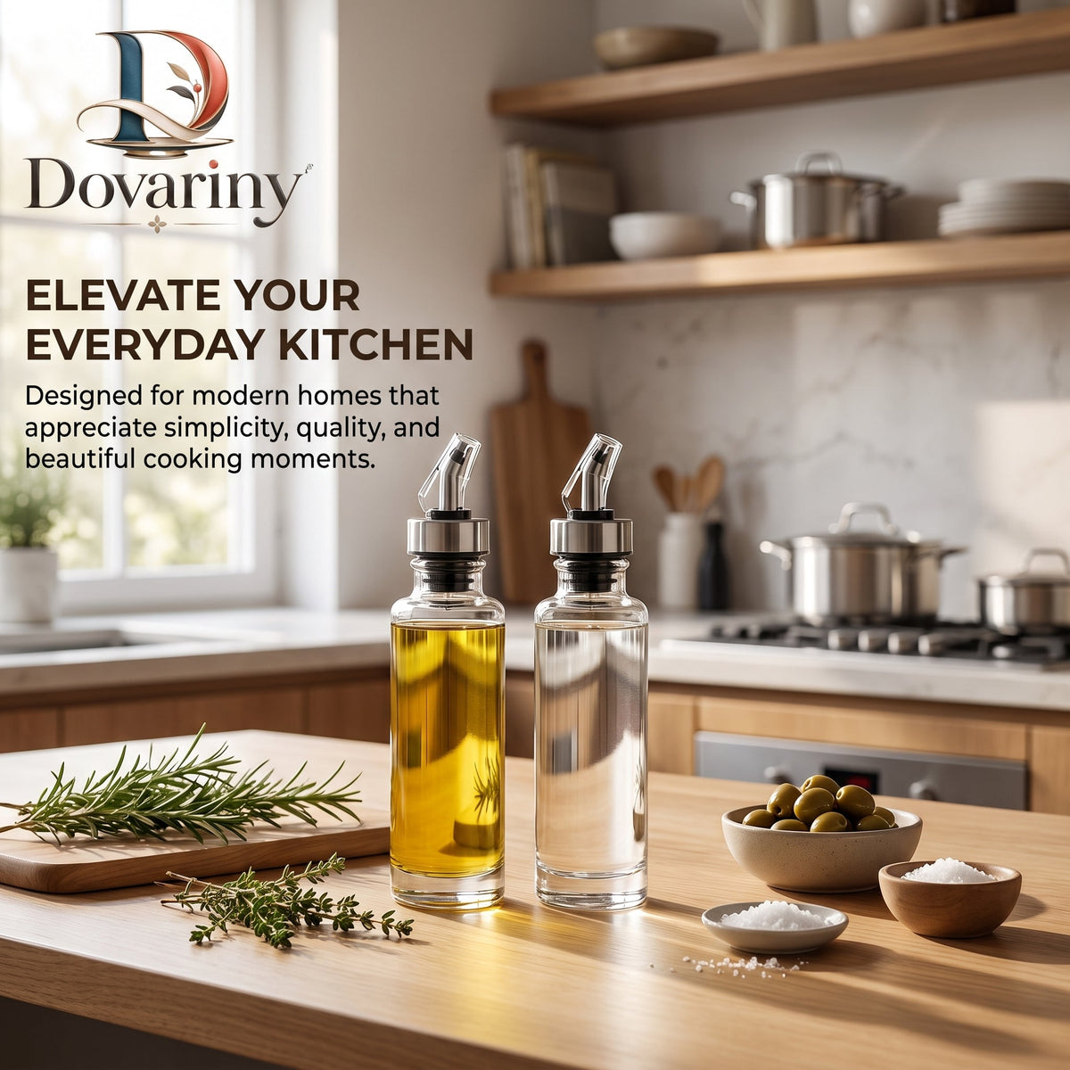 Dovariny™ PourBalance Oil & Vinegar Dispenser – Glass Cruet Bottle with Controlled Pour Spout for Kitchen, Dining & Salad Serving