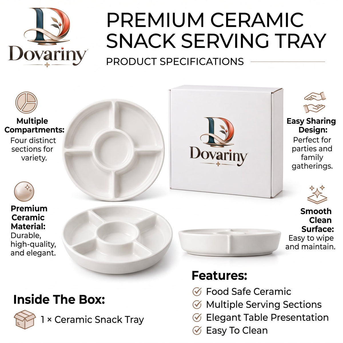 Dovariny™ SnackNest Divided Serving Tray – Multi-Compartment Snack Organizer for Candy, Nuts, Fruit & Entertaining