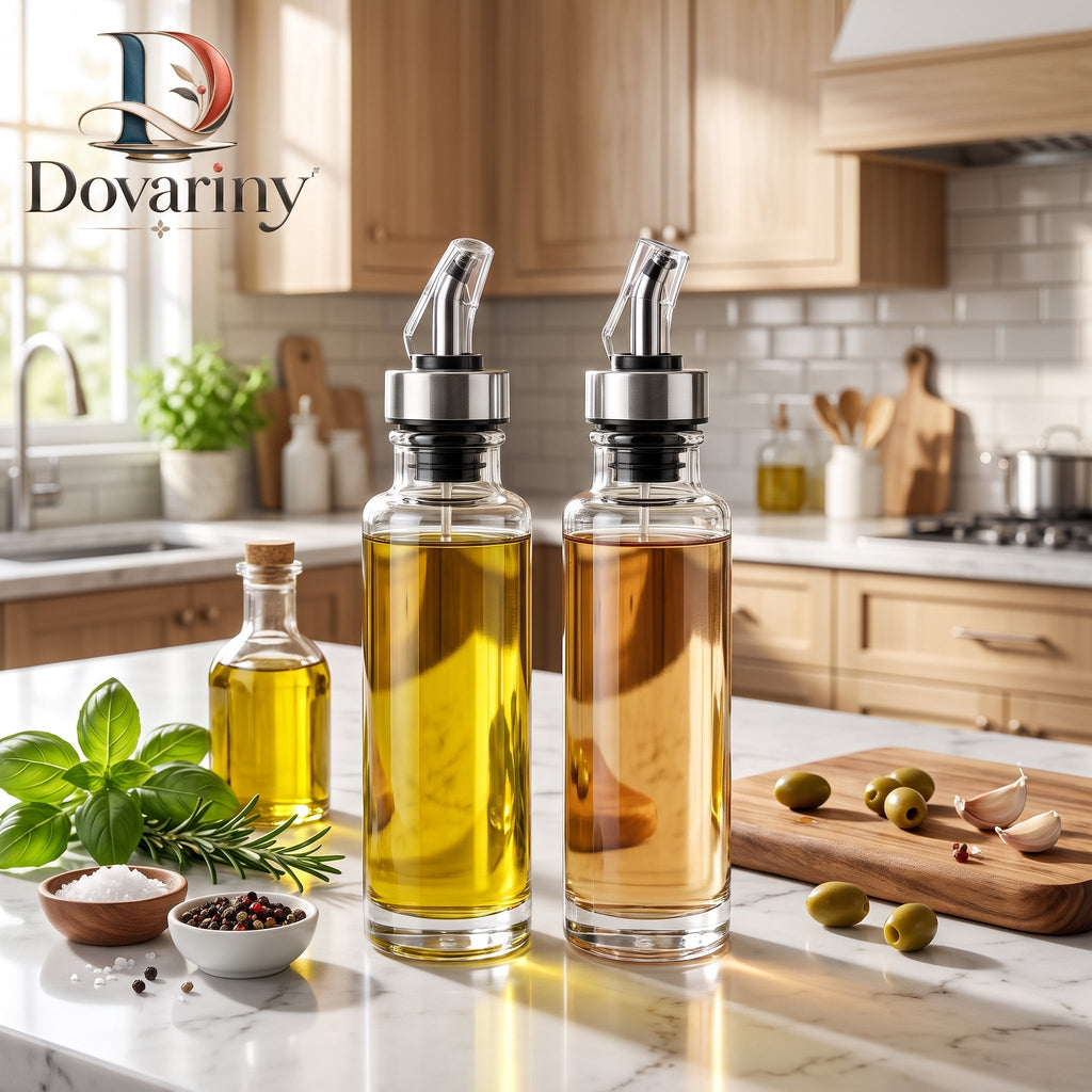 Dovariny™ PourBalance Oil & Vinegar Dispenser – Glass Cruet Bottle with Controlled Pour Spout for Kitchen, Dining & Salad Serving