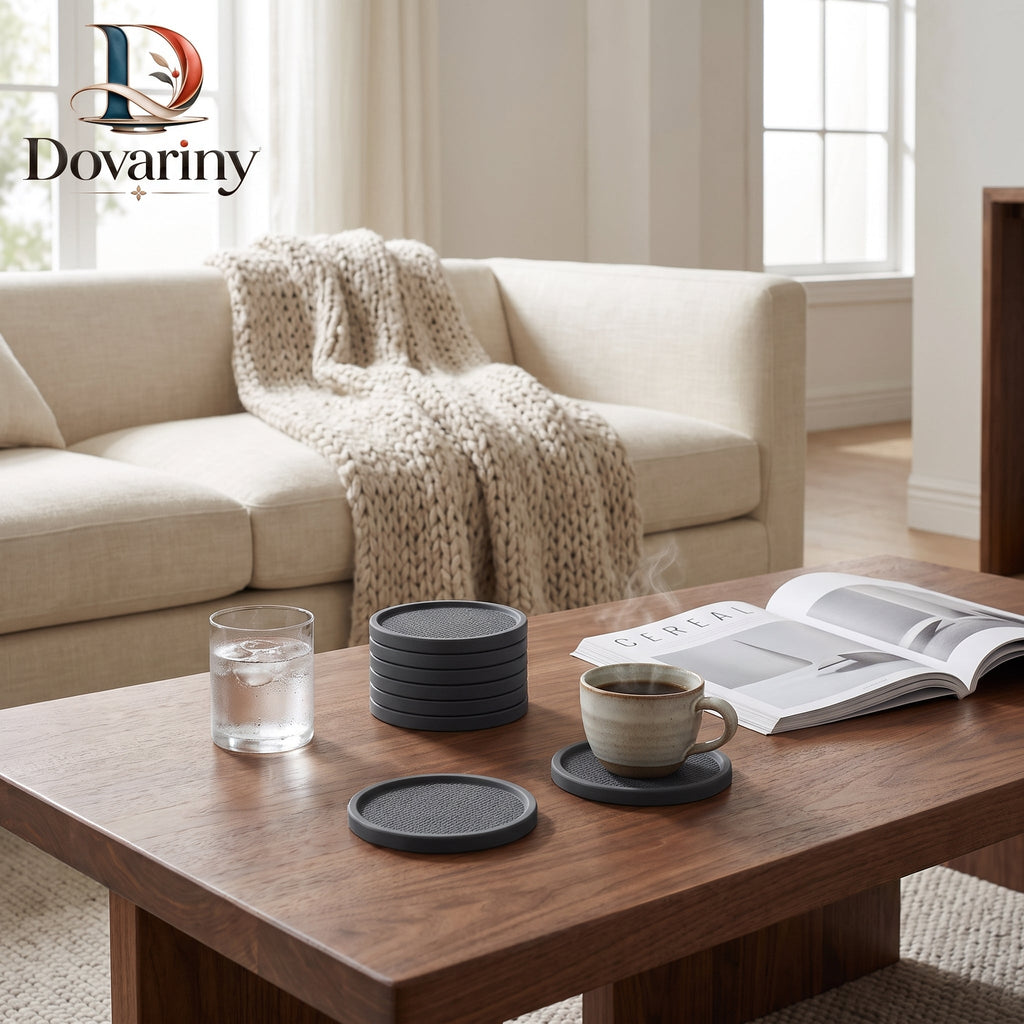 Dovariny™ QuietStone Coaster Set – Decorative Drink Coasters with Holder for Coffee Table, Dining Room & Everyday Entertaining