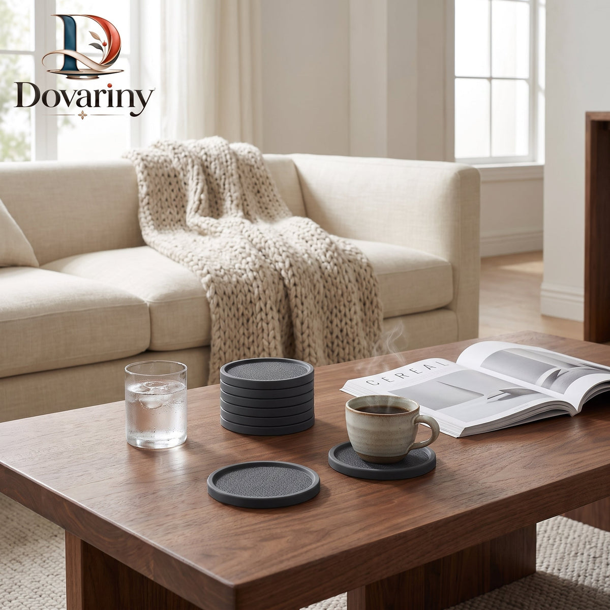 Dovariny™ QuietStone Coaster Set – Decorative Drink Coasters with Holder for Coffee Table, Dining Room & Everyday Entertaining