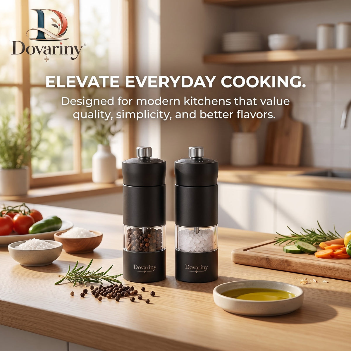 Dovariny™ GrindServe Salt & Pepper Mill Set – Adjustable Seasoning Grinders for Kitchen, Dining Table & Everyday Cooking